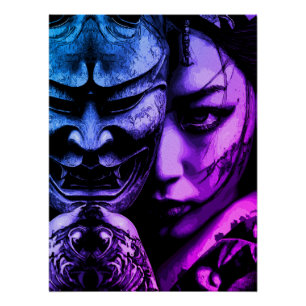 Pôster Retrato Realista de Mulher Japonesa Mascarada com