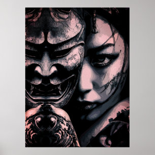 Poster Retrato Realista de Mulher Japonesa Mascarada com