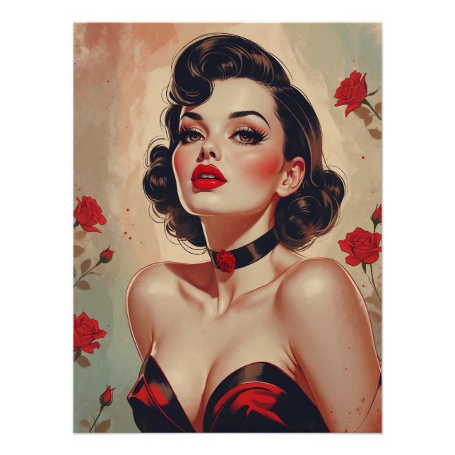 Pôster Retrato Rosa vermelha Pin-Up Brunette (Frente)
