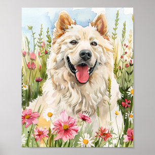 Poster Retrato Samovido por Aquarelas com Flores Rosa