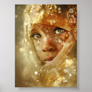 Poster Retrato Sonhador de Criança   Olhar Véu Dourado