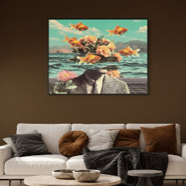 Poster Retrato Surrealista Com Flores de Peixe Dourado e