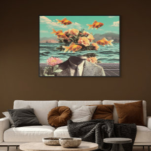 Poster Retrato Surrealista Com Flores de Peixe Dourado e