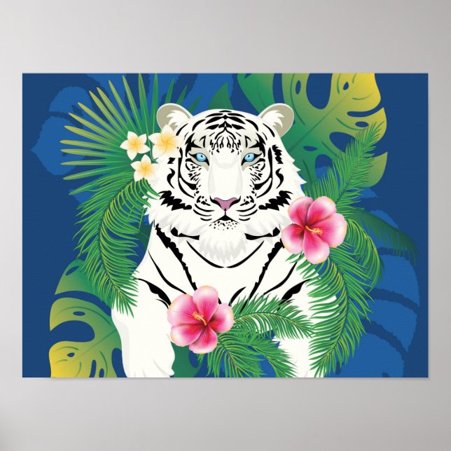 Poster Retrato tigre branco com folhas tropicais (Frente)