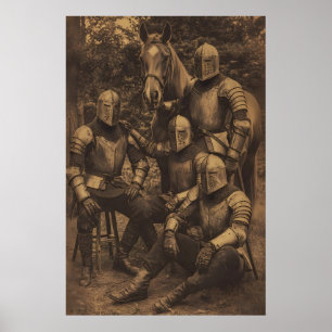 Poster Retrato Vintage de Cavaleiro e Cavalo Gótico Medie