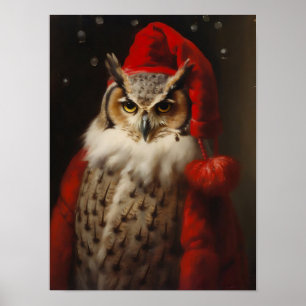 Poster Retrato Vintage de Coruja do Natal Papai Noel, Ani