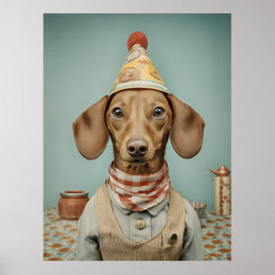 Poster Retrato Vintage de Dachshund com Chapéu de Festa