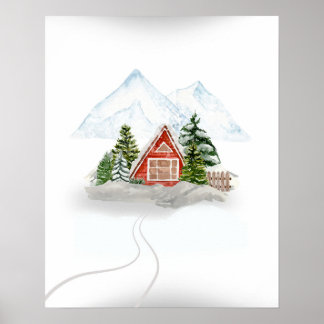 Poster Retretação de Montanha Snowy: Casa de Madeira no i