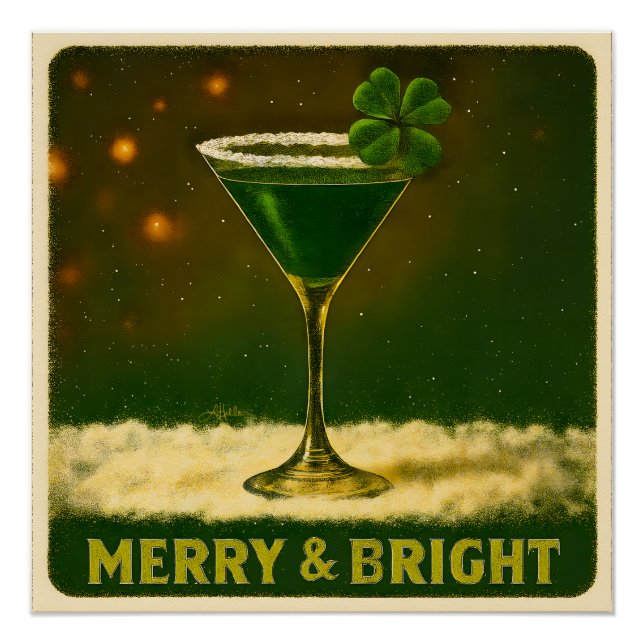 Pôster Retro 50s 4 Leaf Clover Irish Christmas Martini (Frente)