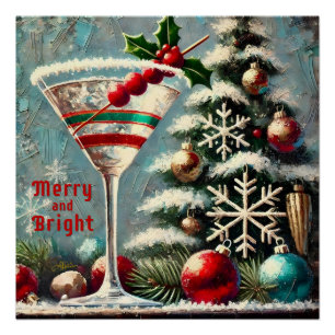 Pôster Retro 50s Cranberry Snowflake Martini de Natal