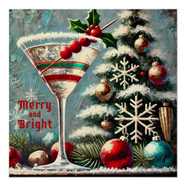 Pôster Retro 50s Cranberry Snowflake Martini de Natal (Frente)