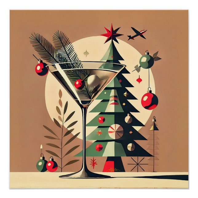 Pôster Retro 50s Jet Set Martini de Natal Árvore de Natal (Frente)