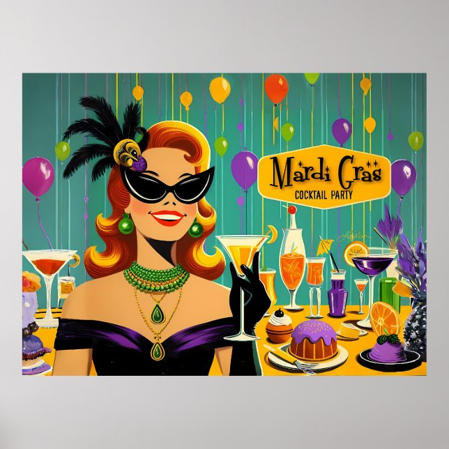 Poster Retro 50s Mardi Gras Martini Cocktail Party (Frente)