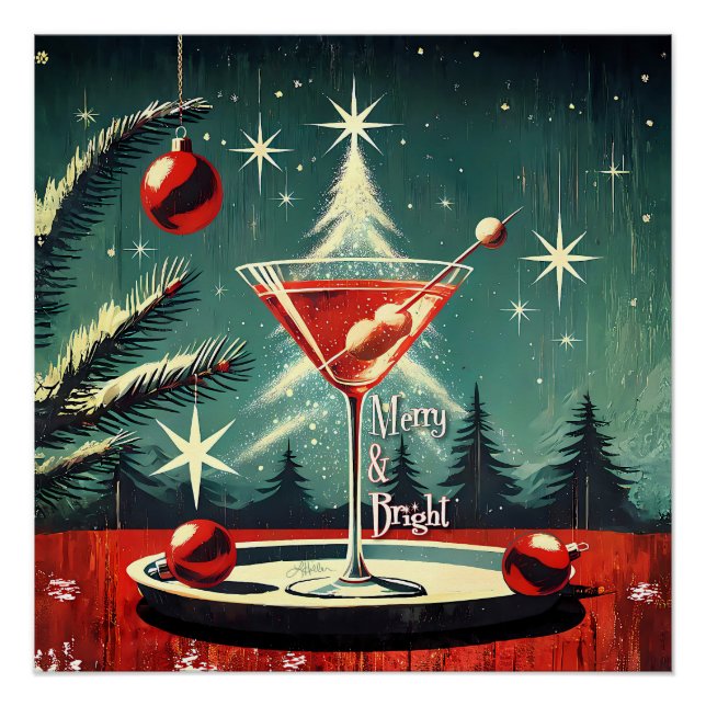 Pôster Retro 50s Snow Flurry Christmas Tree Martini (Frente)