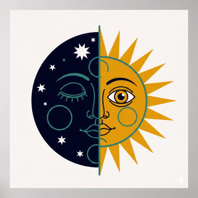Poster Retro 70s Celestial Sun Moon Split Face Art Print (Frente)