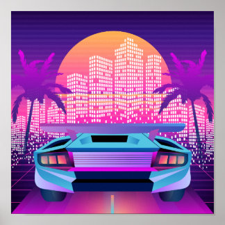 Poster Retro 80s Neon Vaporwave City Sunset e Carro