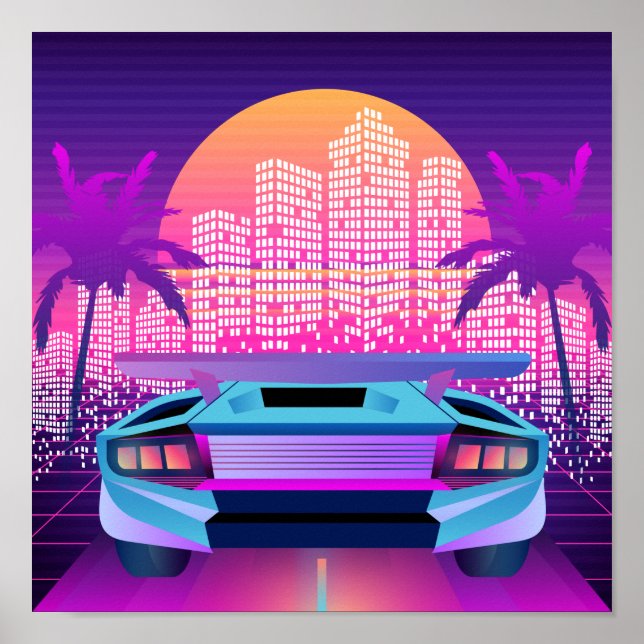Poster Retro 80s Neon Vaporwave City Sunset e Carro (Frente)