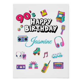 Pôster Retro 90s Party Custom Name Happy Birthday Poster