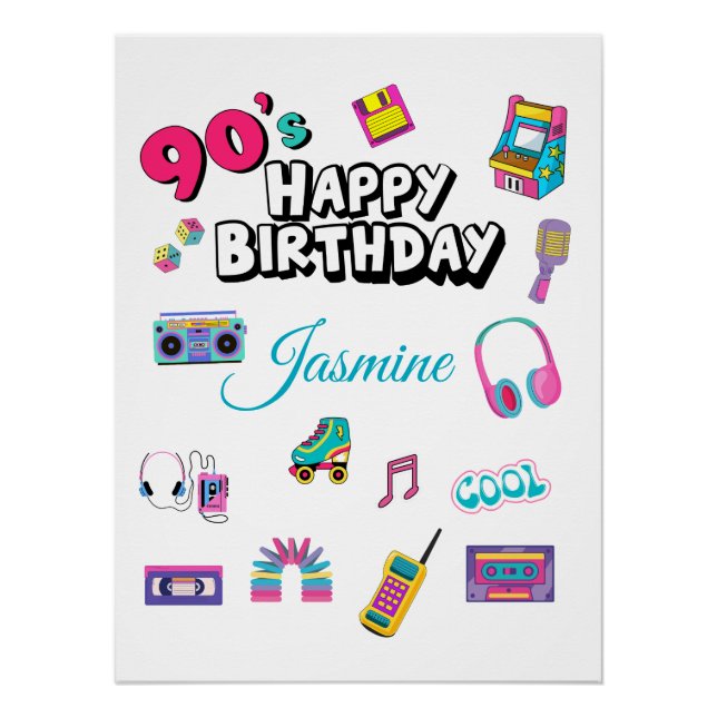 Pôster Retro 90s Party Custom Name Happy Birthday Poster (Frente)