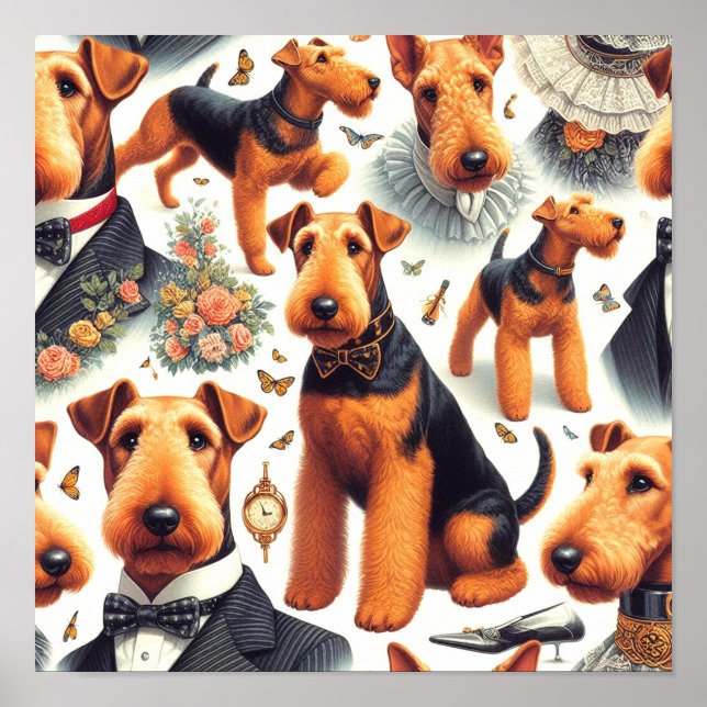 Poster Retro Airedale Terrier sem costura (Frente)