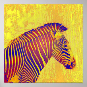Pôster retro amarelo e vermelho da zebra de néon
