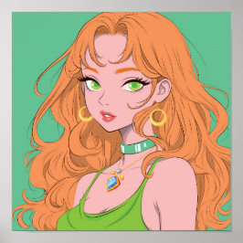 Poster Retro Anime Girl with Ginger Hair and Green Eyes