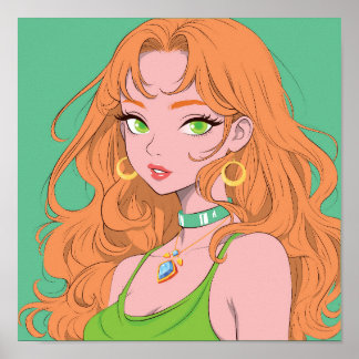 Poster Retro Anime Girl with Ginger Hair and Green Eyes
