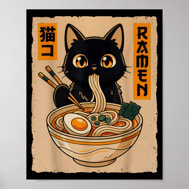 Poster Retro Anime Kawaii Black Cat Eating Ramen Noodles  (Frente)