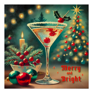 Pôster Retro Anos 50 Coquetel Martini de Natal Alegre e R