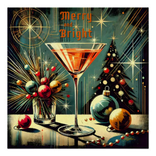 Pôster Retro anos 50 Merry & Bright Christmas Martini