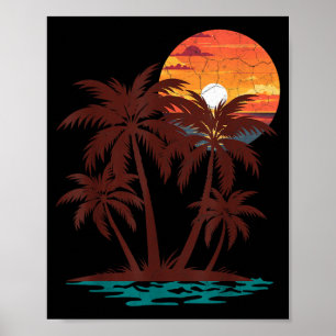 Poster Retro anos 70 80 Praia Pôr do sol Árvore Palmeira