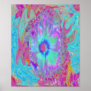 Poster Retro Arco-íris Psicodélico Flor-de-Hibisco Azul