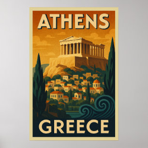 Poster Retro Atenas em Vintage Art Deco Style Viagem