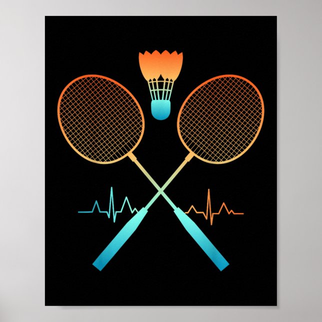 Poster Retro Badminton With Shuttle Heartbeat Ecg  (Frente)