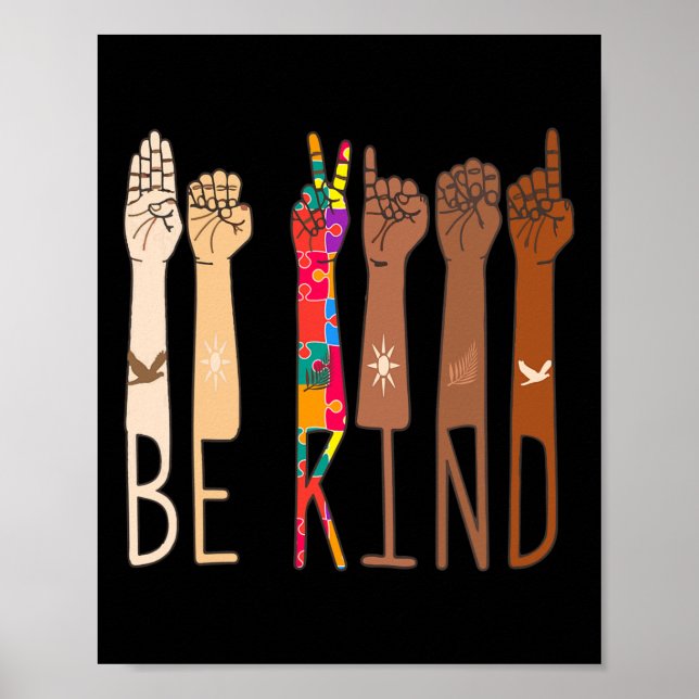 Poster Retro Be Kind Hand Sign Language Asl Puzzle Autism (Frente)