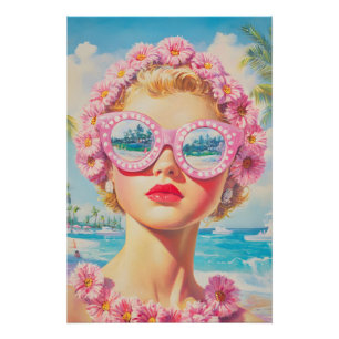 Pôster Retro Beach Girl com óculos de sol florais