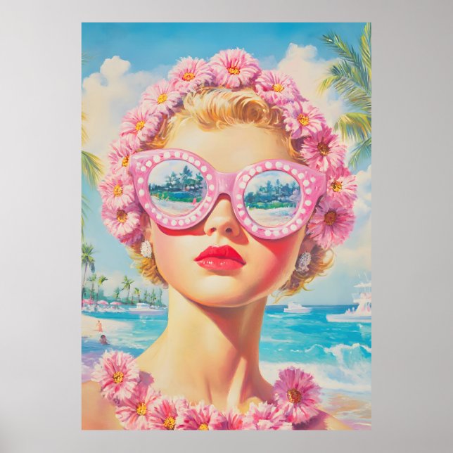Poster Retro Beach Girl com óculos de sol florais (Frente)