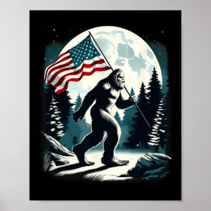 Poster Retro Bigfoot Sasquatch Full Moon Patriótico Ameri