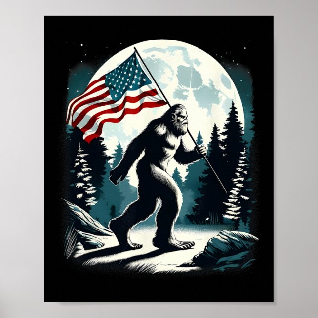Poster Retro Bigfoot Sasquatch Full Moon Patriótico Ameri (Frente)
