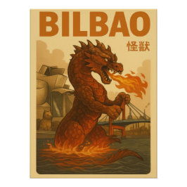 Pôster Retro Bilbao Travel Poster - Spanish Kaiju Monster