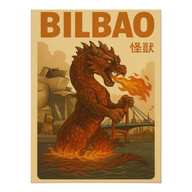 Pôster Retro Bilbao Travel Poster - Spanish Kaiju Monster (Frente)