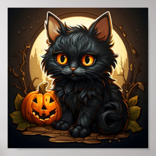 Poster Retro Black Cat Halloween Spooky Orange Pumpkin