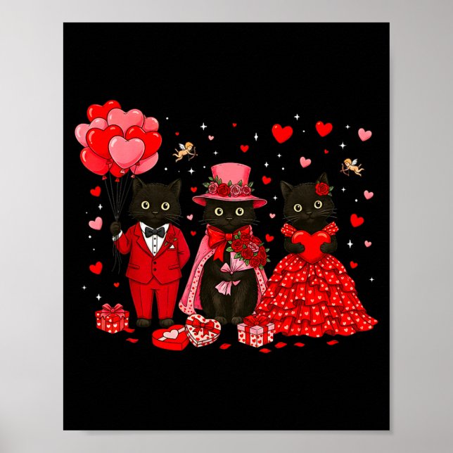 Poster Retro Black Cat Meowentine's Day Heart Valentines  (Frente)