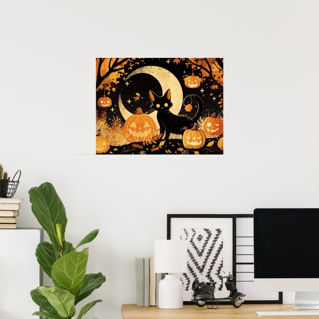Poster Retro Black Cat with Jack-o’-Lanterns (Escritório em casa)