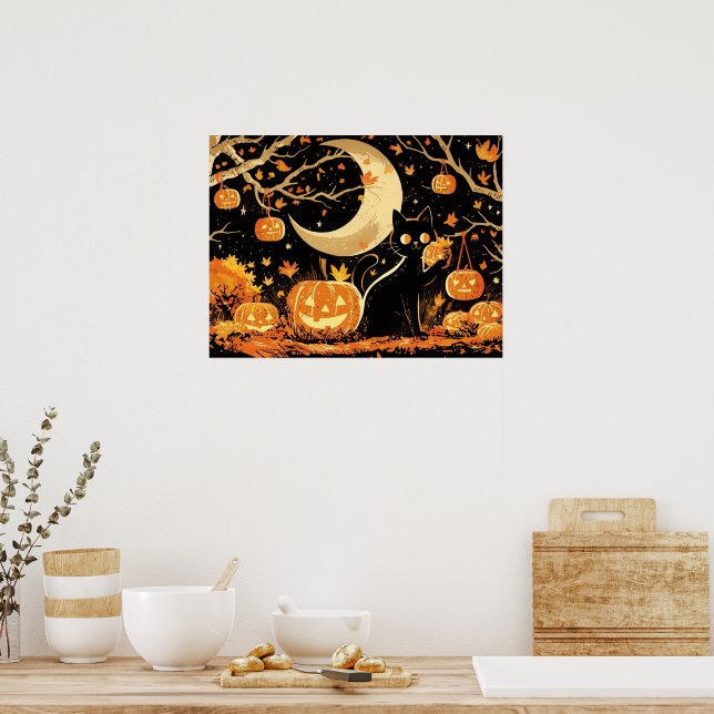 Poster Retro Black Cat with Jack-o’-Lanterns (Cozinha)