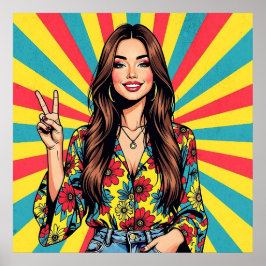 Poster Retro Boomer Hippie Lady dando Sinal de Paz