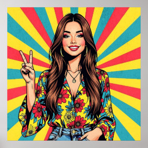 Poster Retro Boomer Hippie Lady dando Sinal de Paz