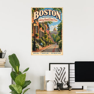 Poster Retro Boston Massachusetts Viagem Beacon Hill