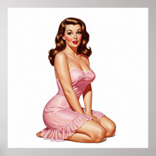 Poster Retro Brunette Pin-up Girl in Pink