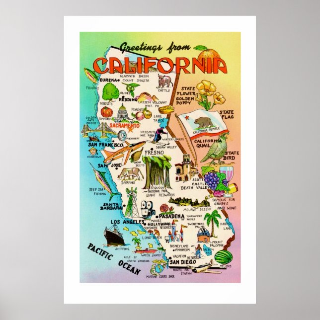 Poster Retro California Map 24x36 Print (Frente)